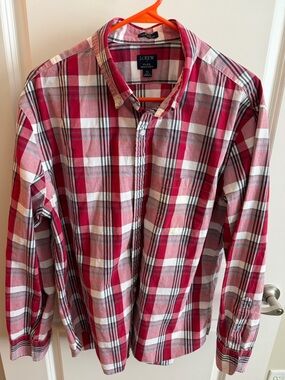 J. Crew Red and White Plaid Cotton Button-Down Shirt Flex Washed Slim Untucked